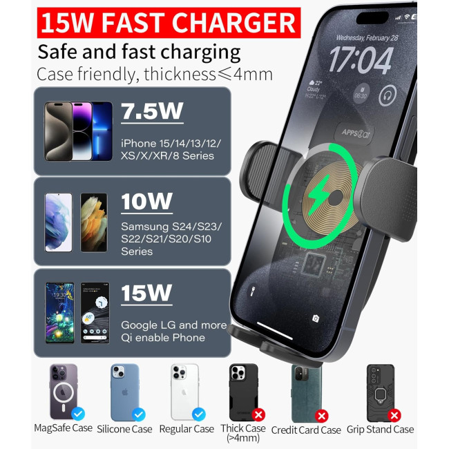 Автомобільний тримач для  телефону APPS2Car H9-C04 з функцією заряджання, чорний (3026)