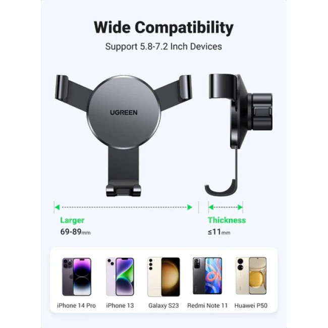 Автомобільний тримач для телефону UGREEN Auto Lock з регульованим поворотом на 360° через вентиляційний отвір, чорний (0022)