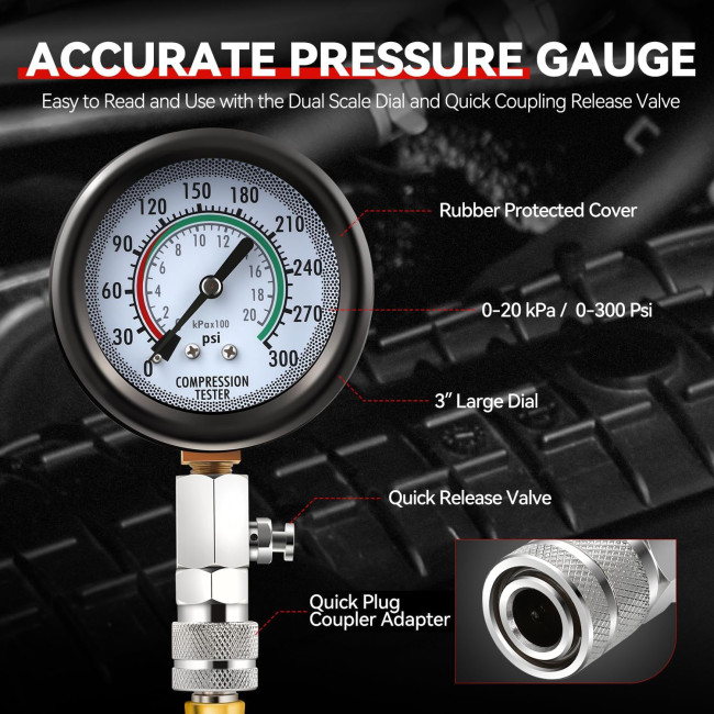 Комплект для вимірювання тиску Auto Dynasty 8PCS 3-в-1 точний інструмент для вимірювання тиску в циліндрі 0-300 Psi (0001)
