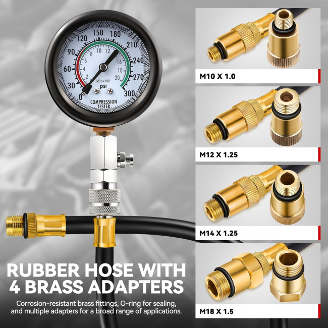 Комплект для вимірювання тиску Auto Dynasty 8PCS 3-в-1 точний інструмент для вимірювання тиску в циліндрі 0-300 Psi (0001)