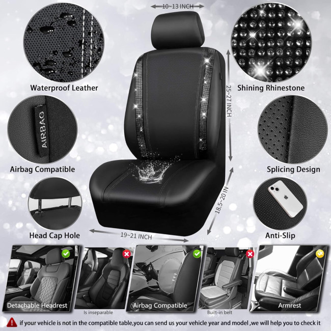 Шкіряні чохли для автокрісел CAR PASS ‎ZT-003-BK з блискучими діамантами, 2 комплекти, водонепроникні, універсальні, чорний (2061)