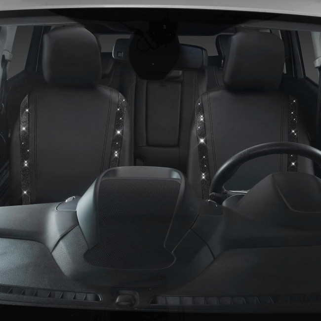 Шкіряні чохли для автокрісел CAR PASS ‎ZT-003-BK з блискучими діамантами, 2 комплекти, водонепроникні, універсальні, чорний (2061)