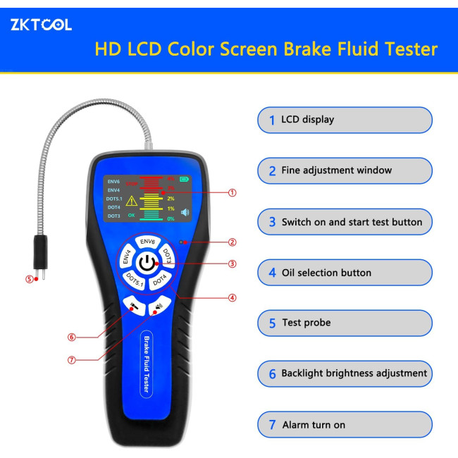 Тестер гальмівної рідини ZKTOOL ZKEU399, для DOT3 DOT4 DOT5.1 ENV6 ENV4 (4149)