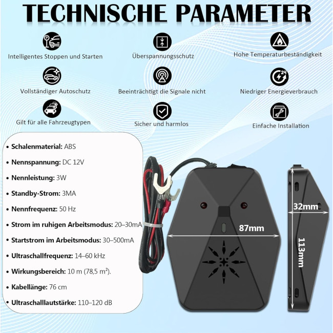 Warmfay Автомобільний відлякувач куниць, 2 режими з багаточастотним ультразвуком та спалахом, 12 В (5030)