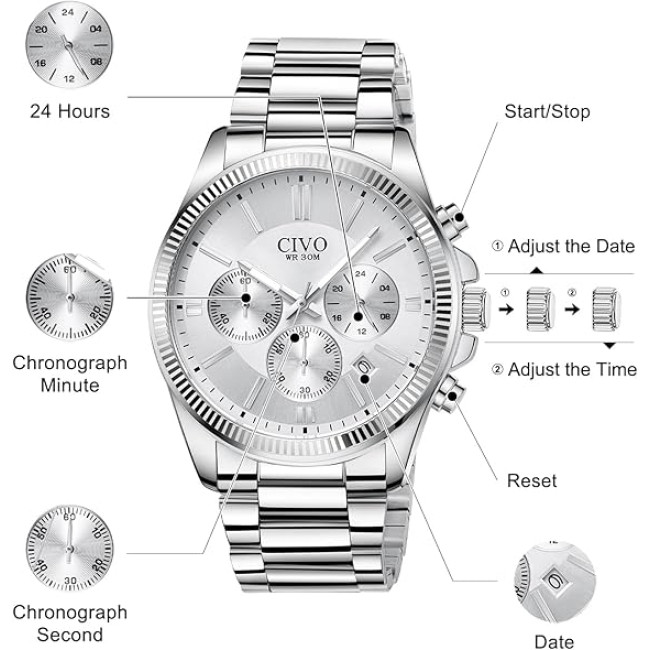 Чоловічі годинники CIVO 8351C з нержавіючої сталі, білий (4081)
