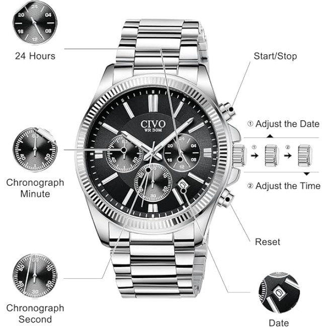 Чоловічі годинники CIVO 8351C з нержавіючої сталі, чорний (4082)