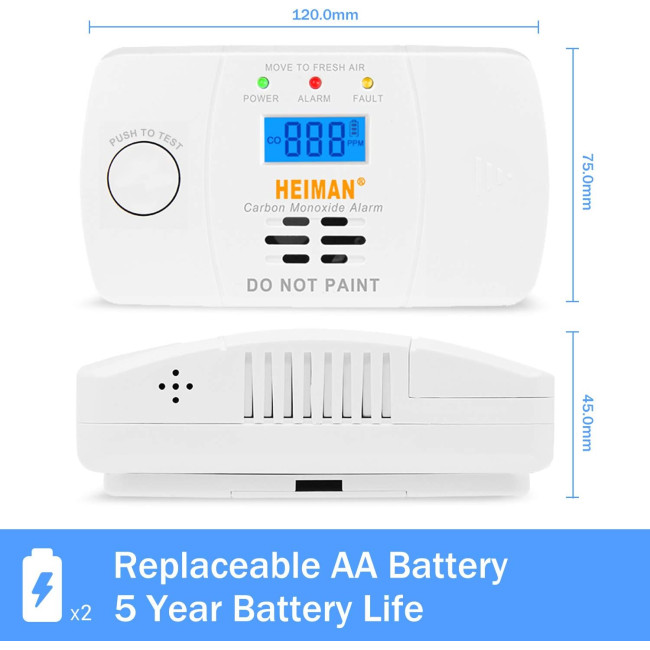 Детектор чадного газу HEIMAN 722ESY, детектор CO з цифровим РК-дисплеєм, живлення від батареї (0071)