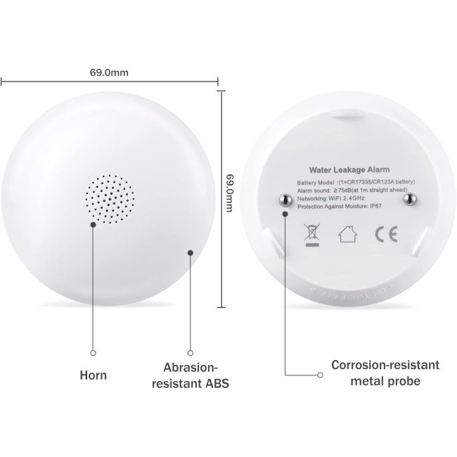 Детектор протікання води HEIMAN WS2WL з батареєю, розумний датчик води, 75 дБ WiFi 2,4 ГГц для кухні, підвалу та ванної кімнати, білий (0067)