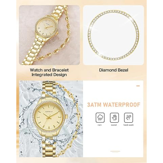 Годинник CIVO 2030 з нержавіючої сталі зі шкіряним ремінцем для жінок, золотий (4076)