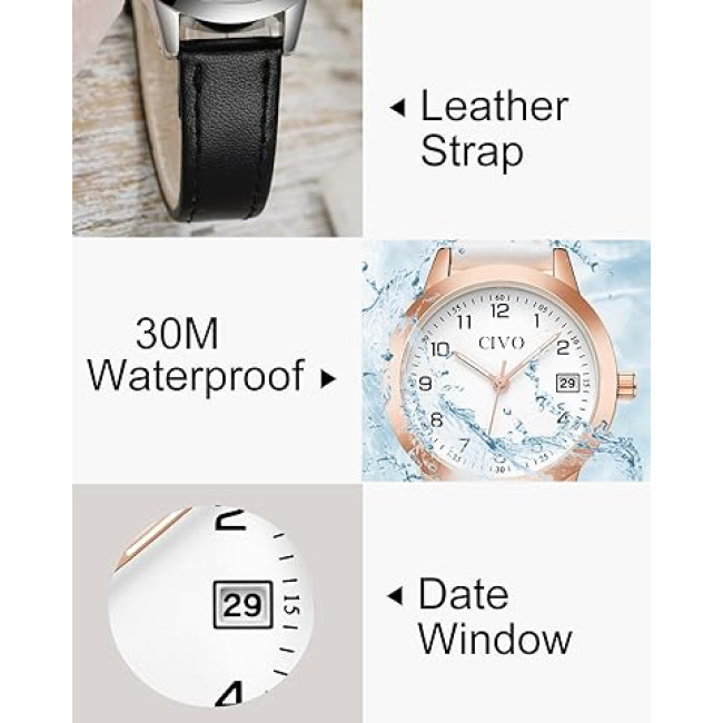 Годинники CIVO 2298 для жінок зі шкіряним ремінцем, чорний (3127)