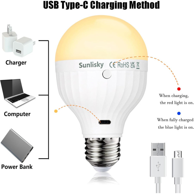 Лампочка Sunlisky USB, що перезаряджається, з пультом дистанційного керування, 7 Вт E27, для зовнішнього освітлення з гачком (0140)