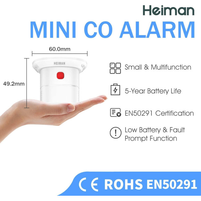 Міні-детектор чадного газу HEIMAN HS1CA, детектор CO на змінних батарейках, сигналізація 85 дБ, білий (0070)