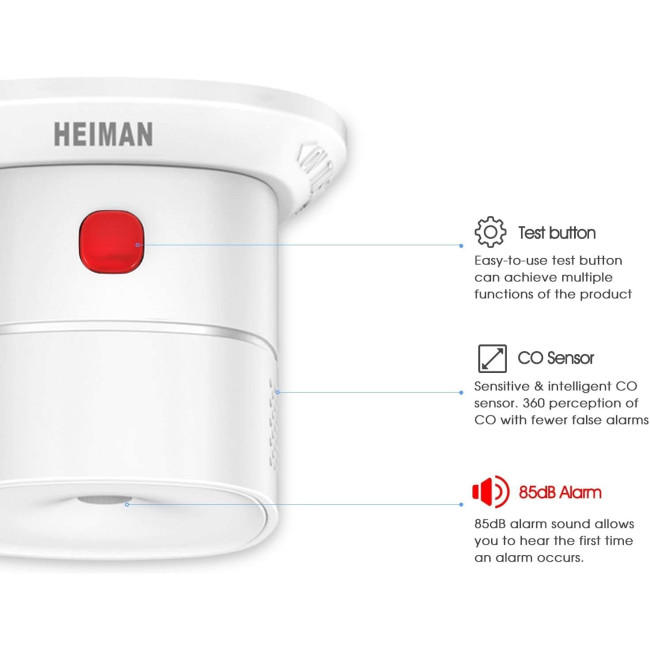 Міні-детектор чадного газу HEIMAN HS1CA, детектор CO на змінних батарейках, сигналізація 85 дБ, білий (0070)