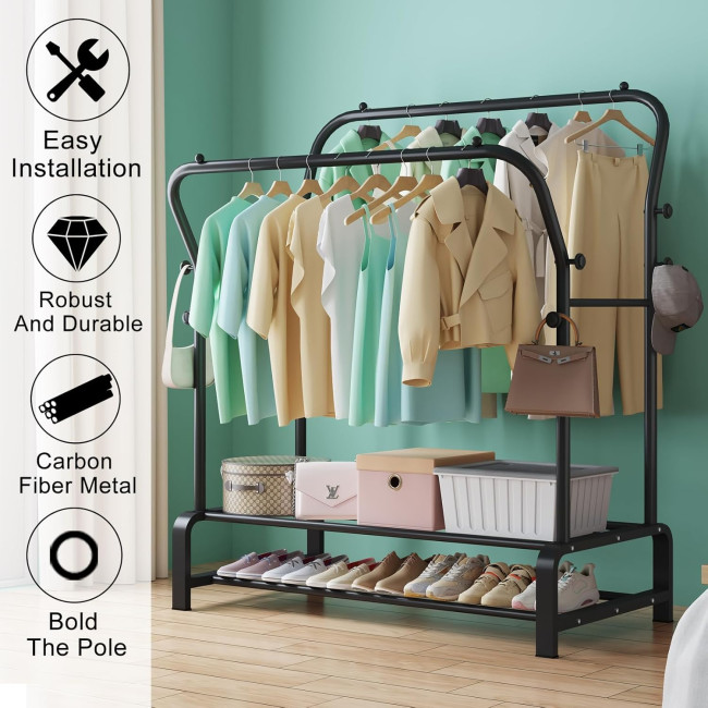 Міцна вішалка для одягу SMILOVII YJ-D01, окремостояча металева вішалка для пальто з рейками для одягу, вішалкою для взуття та 8 бічними гачками, чорна (0095)