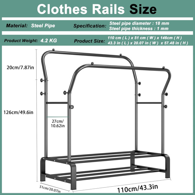 Міцна вішалка для одягу SMILOVII YJ-D01, окремостояча металева вішалка для пальто з рейками для одягу, вішалкою для взуття та 8 бічними гачками, чорна (0095)