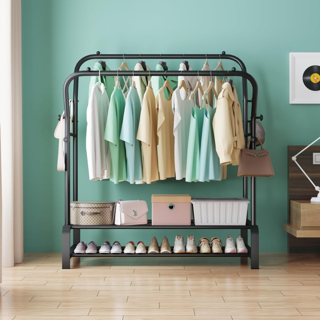 Міцна вішалка для одягу SMILOVII YJ-D01, окремостояча металева вішалка для пальто з рейками для одягу, вішалкою для взуття та 8 бічними гачками, чорна (0095)