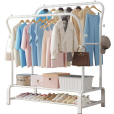 Міцна вішалка для одягу SMILOVII YJ-D02 з металевою подвійною вішалкою для пальто, 4 боковими гачками, 2-рівневою полицею для взуття, біла (0090)