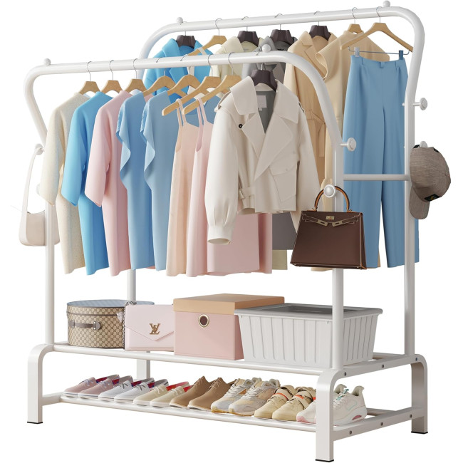 Міцна вішалка для одягу SMILOVII YJ-D02 з металевою подвійною вішалкою для пальто, 4 боковими гачками, 2-рівневою полицею для взуття, біла (0090)