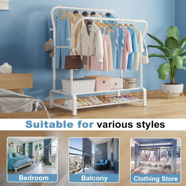 Міцна вішалка для одягу SMILOVII YJ-D02 з металевою подвійною вішалкою для пальто, 4 боковими гачками, 2-рівневою полицею для взуття, біла (0090)