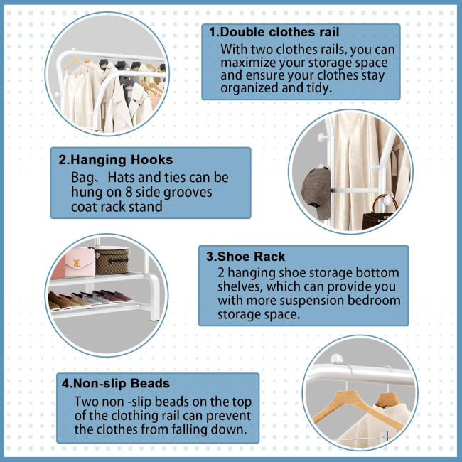 Міцна вішалка для одягу SMILOVII YJ-D02 з металевою подвійною вішалкою для пальто, 4 боковими гачками, 2-рівневою полицею для взуття, біла (0090)