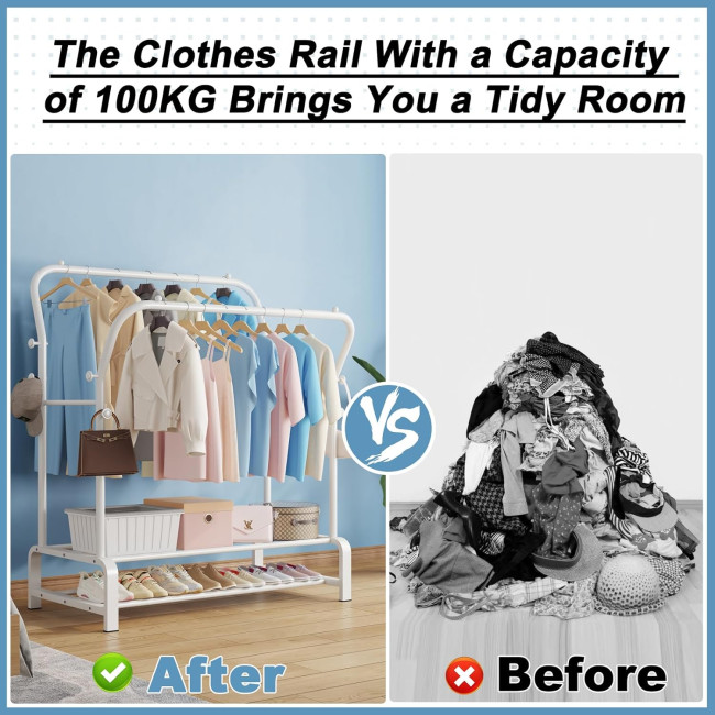 Міцна вішалка для одягу SMILOVII YJ-D02 з металевою подвійною вішалкою для пальто, 4 боковими гачками, 2-рівневою полицею для взуття, біла (0090)