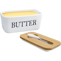 Маслянка DAWRIS з дерев'яною кришкою, прямокутна керамічна маслянка, герметична маслянка з ножем для масла, біла (0152)