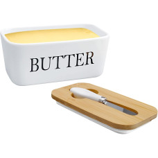 Маслянка DAWRIS з дерев'яною кришкою, прямокутна керамічна маслянка, герметична маслянка з ножем для масла, біла (0152)