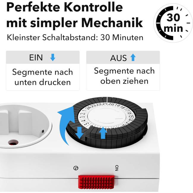 Механічний таймер HBN BND-50/G42N-VC, аналогова розетка для використання в приміщенні, 24-годинна програма, 16 A/3680 Вт, біла (0125)