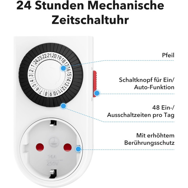 Механічний таймер HBN BND-50/G42N-VC, аналогова розетка для використання в приміщенні, 24-годинна програма, 16 A/3680 Вт, біла (0125)
