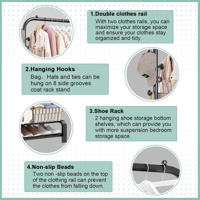Металева вішалка для одягу SMILOVII YJ-A0, вішалка для одягу для спальні, для одягу та взуття, 4 бічні гачки, чорна (0097)