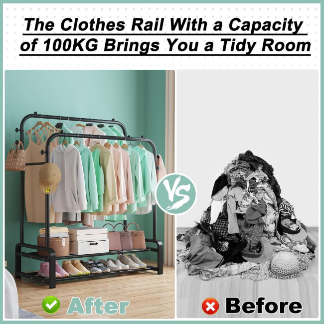 Металева вішалка для одягу SMILOVII YJ-C01, міцна вішалка для одягу, 8 підвісних гачків та 2-рівнева вішалка для взуття, чорна (0100)