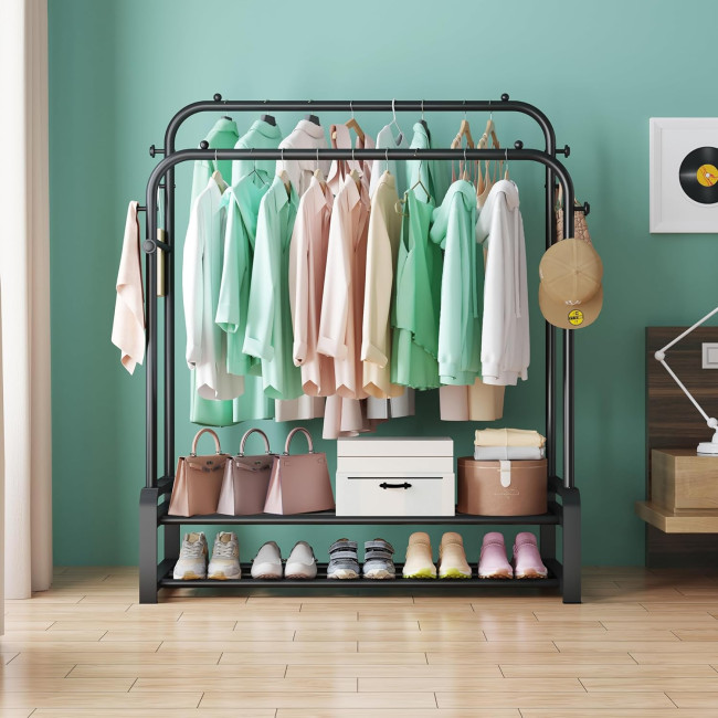 Металева вішалка для одягу SMILOVII YJ-C01, міцна вішалка для одягу, 8 підвісних гачків та 2-рівнева вішалка для взуття, чорна (0100)