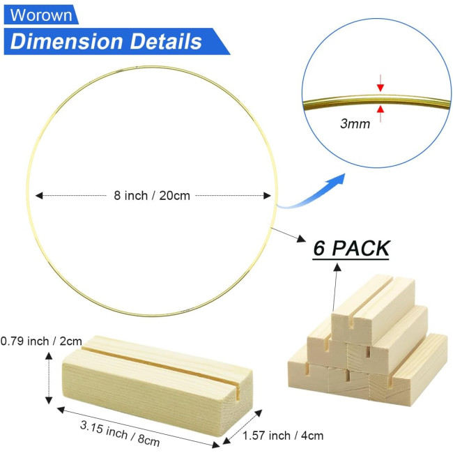 Металевий квітковий кілець Worown, 6 штук, з дерев'яними підставками для столу, золоті (4085)