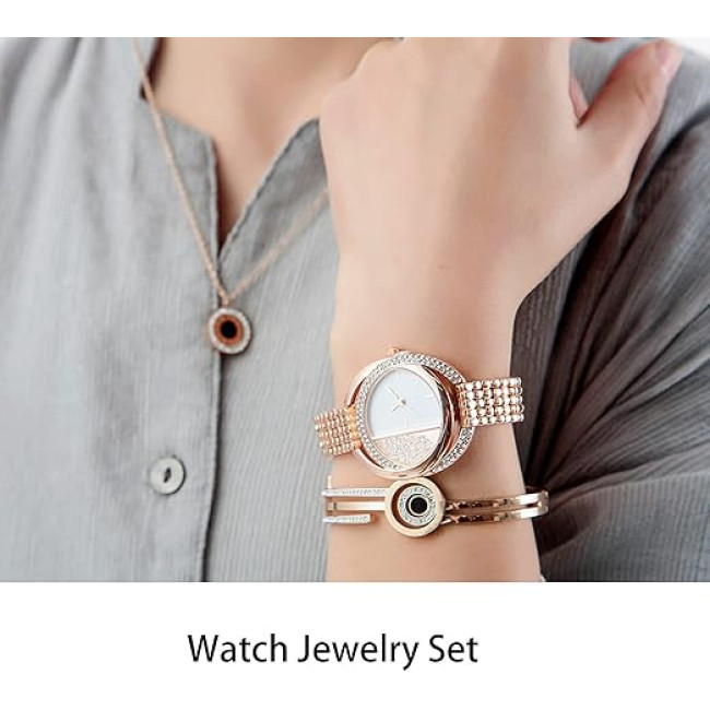 Набір годинників з браслетом, діловий стильний жіночий годинник, рожеве золото (4154)