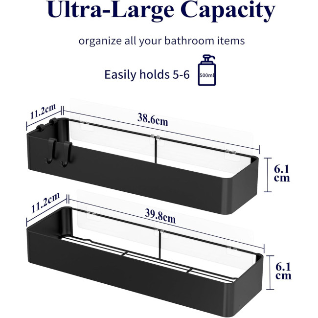 Набір з 2 нержавіючих органайзерів для ванної кімнати, міцний тримач для шампуню для душу, дуже великий, чорний (2082)