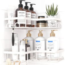 Полиця для душу Kitsure DE4157, нержавіючий тримач для гелю для душу, без свердління, кутова полиця для душу з 4 гачками, біла (2089)