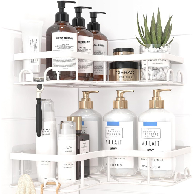 Полиця для душу Kitsure DE4157, нержавіючий тримач для гелю для душу, без свердління, кутова полиця для душу з 4 гачками, біла (2089)