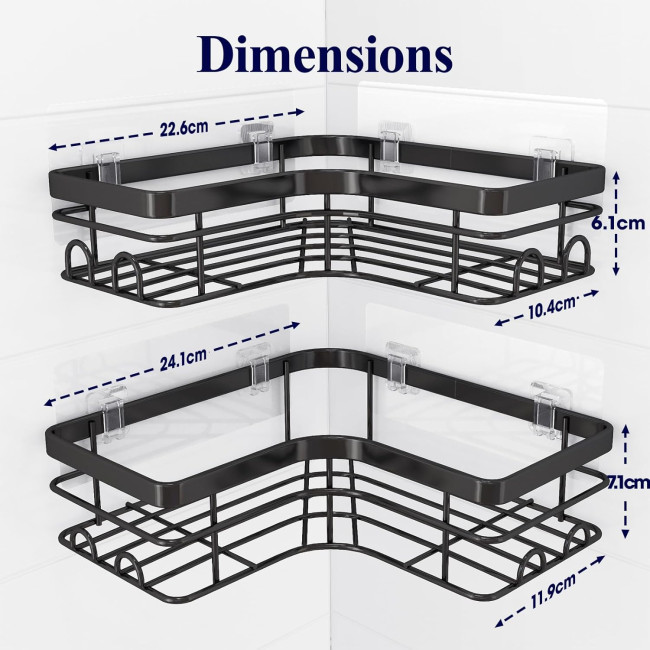 Полиця для душу Kitsure DE4157, нержавіючий тримач для гелю для душу, без свердління, кутова полиця для душу з 4 гачками, чорний (2090)
