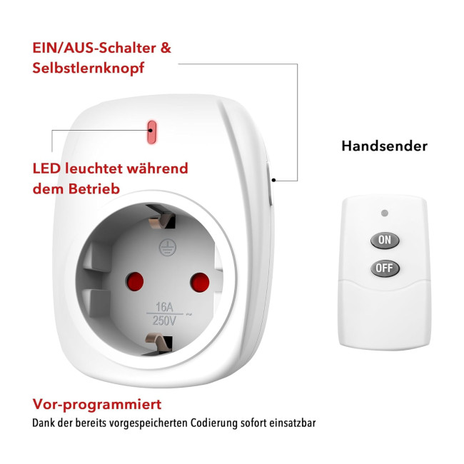 Радіорозетка HBN BNC-50/G89R-1-1 з 1 пультом дистанційного керування, 16 A/3680 Вт, біла (0118)