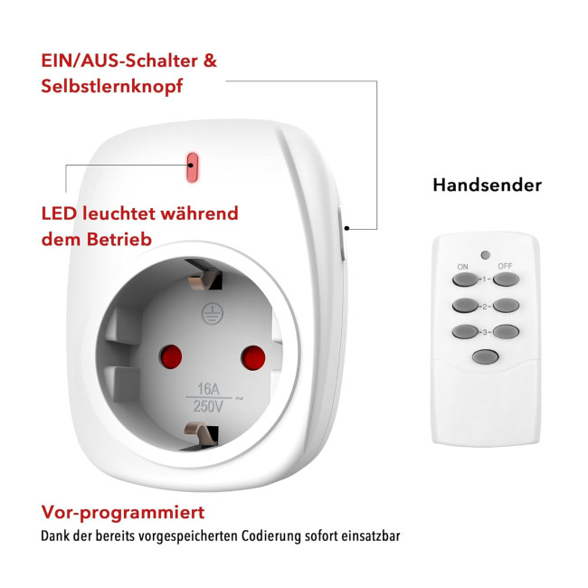 Радіорозетки HBN ‎BNC - 50/G89R з 1 пультом дистанційного керування 16 A/3,680 Вт, Комплект вилок (3шт) з дистанційним керуванням, білі (0127)