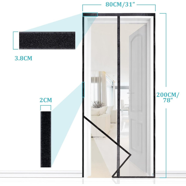 Сітка від комах Apalus Prime ‎BF003 для балконних дверей, магнітний захист від комах, 80 x 200 см,  верхня частина на липучці 3,8 см (0163)