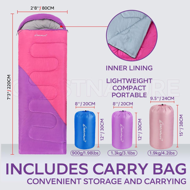 Спальний мішок Clostnature ‎SD-001 для дорослих та дітей - легкий кемпінговий спальний мішок для дівчаток, хлопчиків, молоді, фіолетовий (2062)