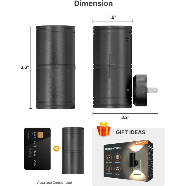 Світлодіодні нічники Likelgn NL-CY3K-BK-2PC з регульованою яскравістю, чорний (4092)