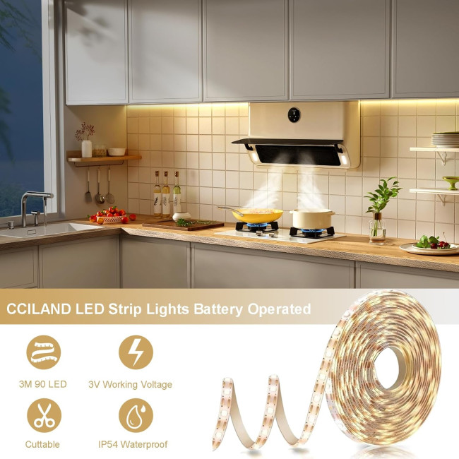 Світлодіодні стрічки CCILAND WW-102 3м на батарейках з пультом дистанційного керування, теплий білий (4109)