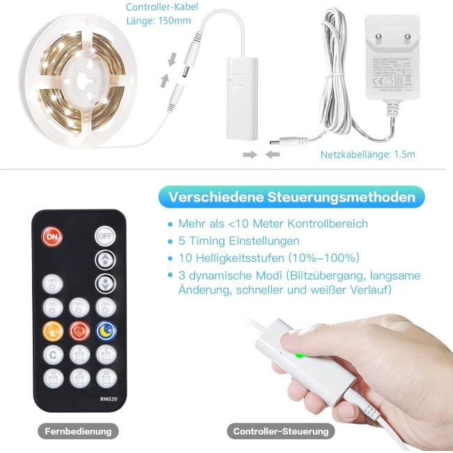 Світлодіодна стрічка WOBSION WBE026, біла, 3м 300 світлодіодів, холодно-біла стрічка 6000 K, керування мобільним телефоном для спальні, кухні (0052)