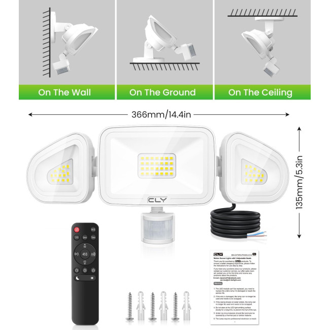 Світлодіодний прожектор CLY 42 Вт 3600 люмен, білий колір 6500K з датчиком руху та пультом дистанційного керування, білий (0072)
