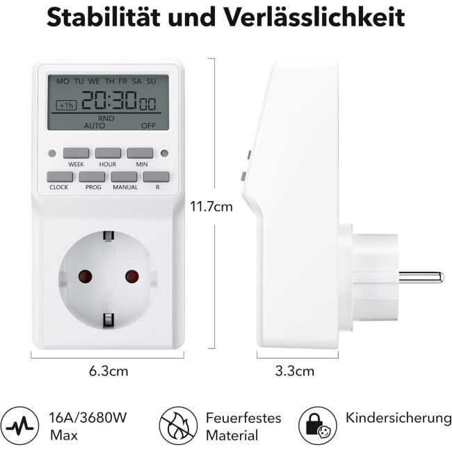 Цифрова розетка-таймер HBN BNC-50/G87 з 20 програмами перемикання, тижневий таймер для внутрішнього використання, зворотний відлік, біла (0109)