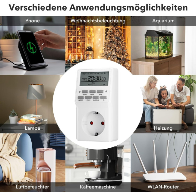 Цифрова розетка-таймер HBN BNC-50/G87 з 20 програмами перемикання, тижневий таймер для внутрішнього використання, зворотний відлік, біла (0109)