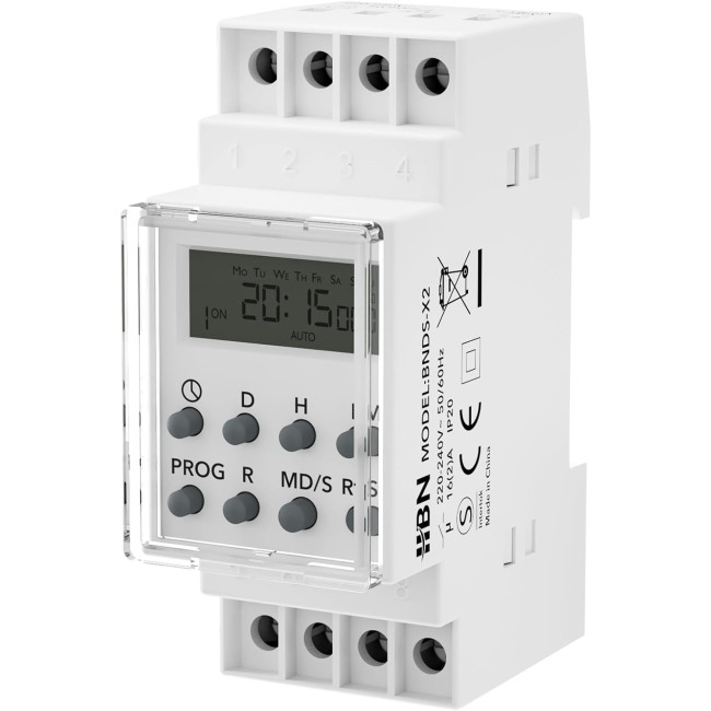 Цифровий таймер HBN BNDS-X2 для DIN-рейки, монтаж на панель перемикачів, 3680 Вт, 8 програм перемикання, 7-денний таймер, білий (0122)