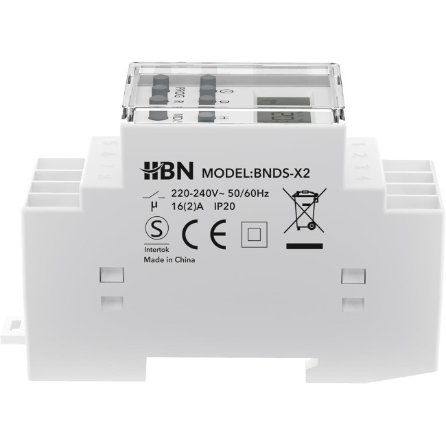 Цифровий таймер HBN BNDS-X2 для DIN-рейки, монтаж на панель перемикачів, 3680 Вт, 8 програм перемикання, 7-денний таймер, білий (0122)
